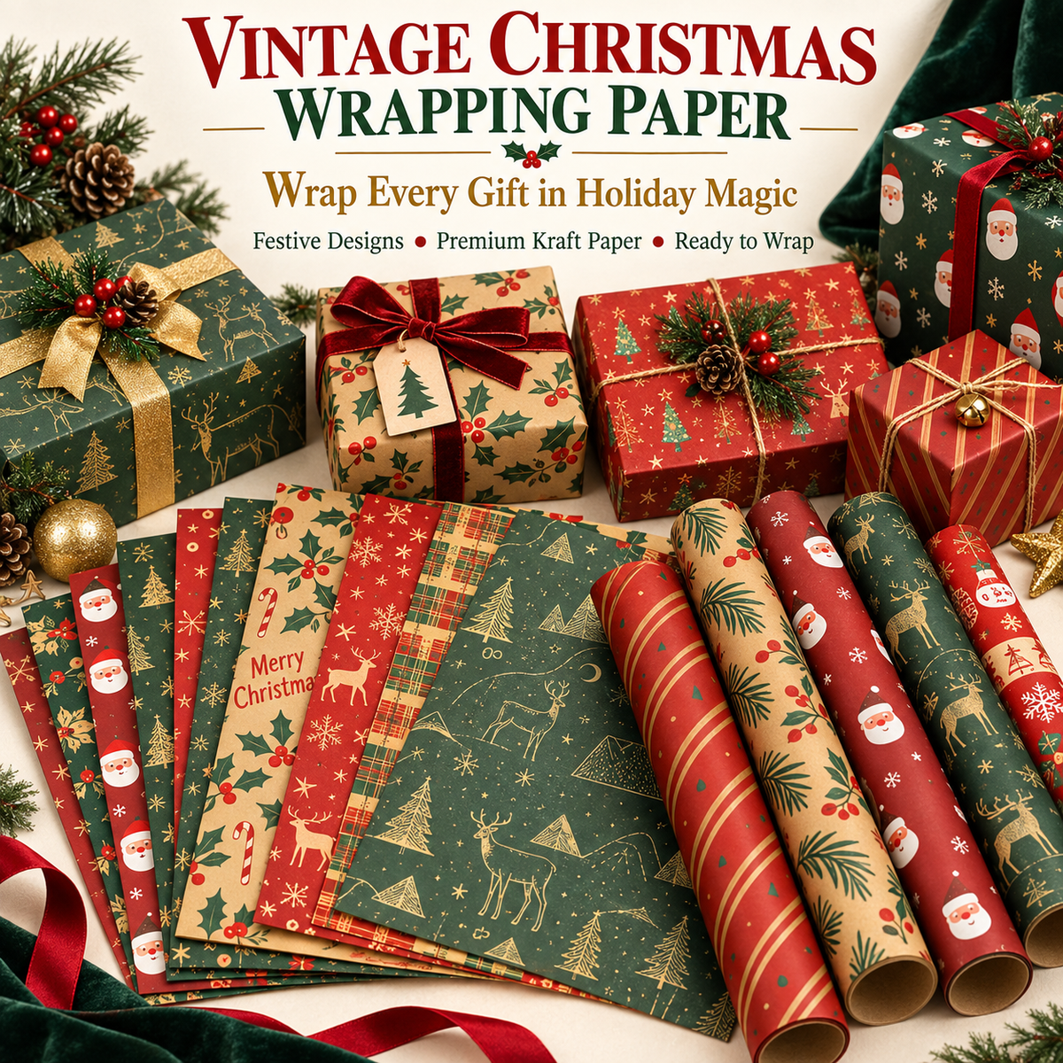 Vintage Christmas Kraft Wrapping Paper – Premium 100 GSM Holiday Gift Wrap