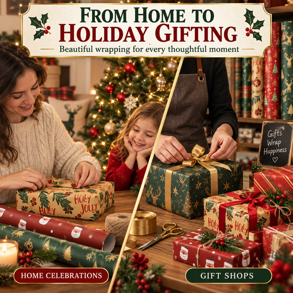 Vintage Christmas Kraft Wrapping Paper – Premium 100 GSM Holiday Gift Wrap