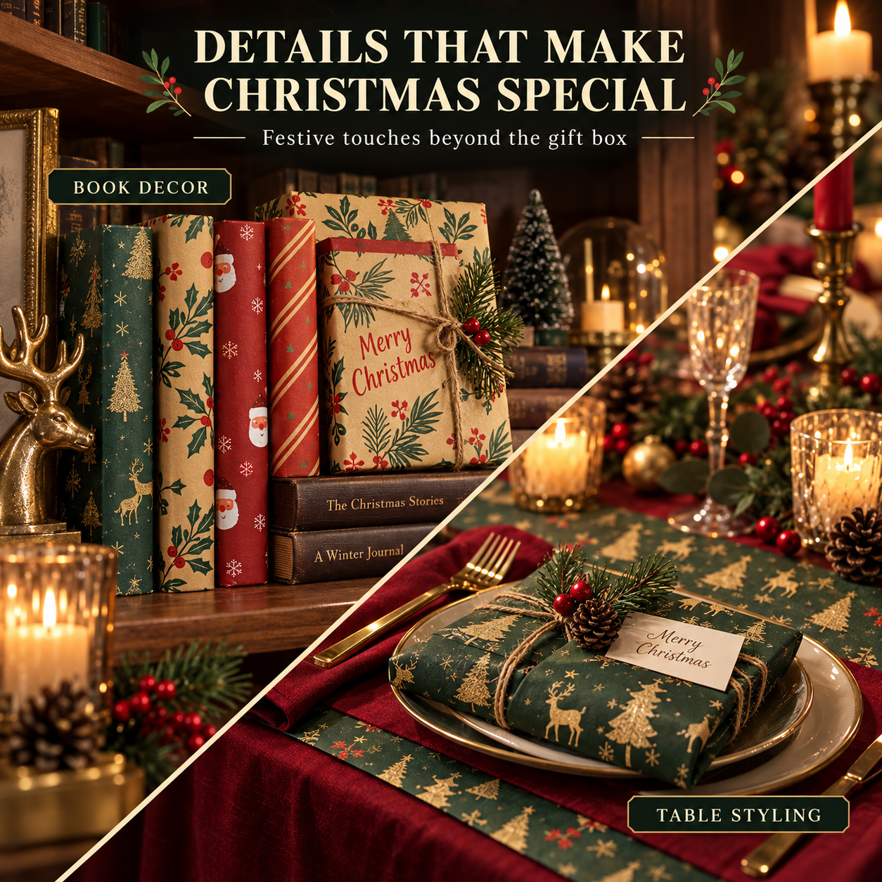 Christmas paper used for book decor and festive table styling