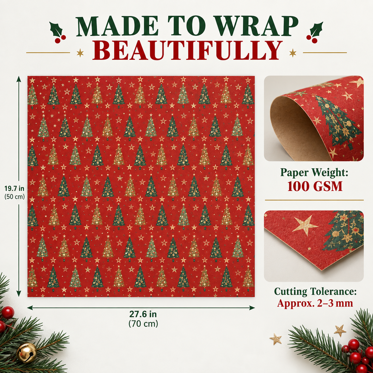 Wrapping paper dimensions, weight and cutting tolerance