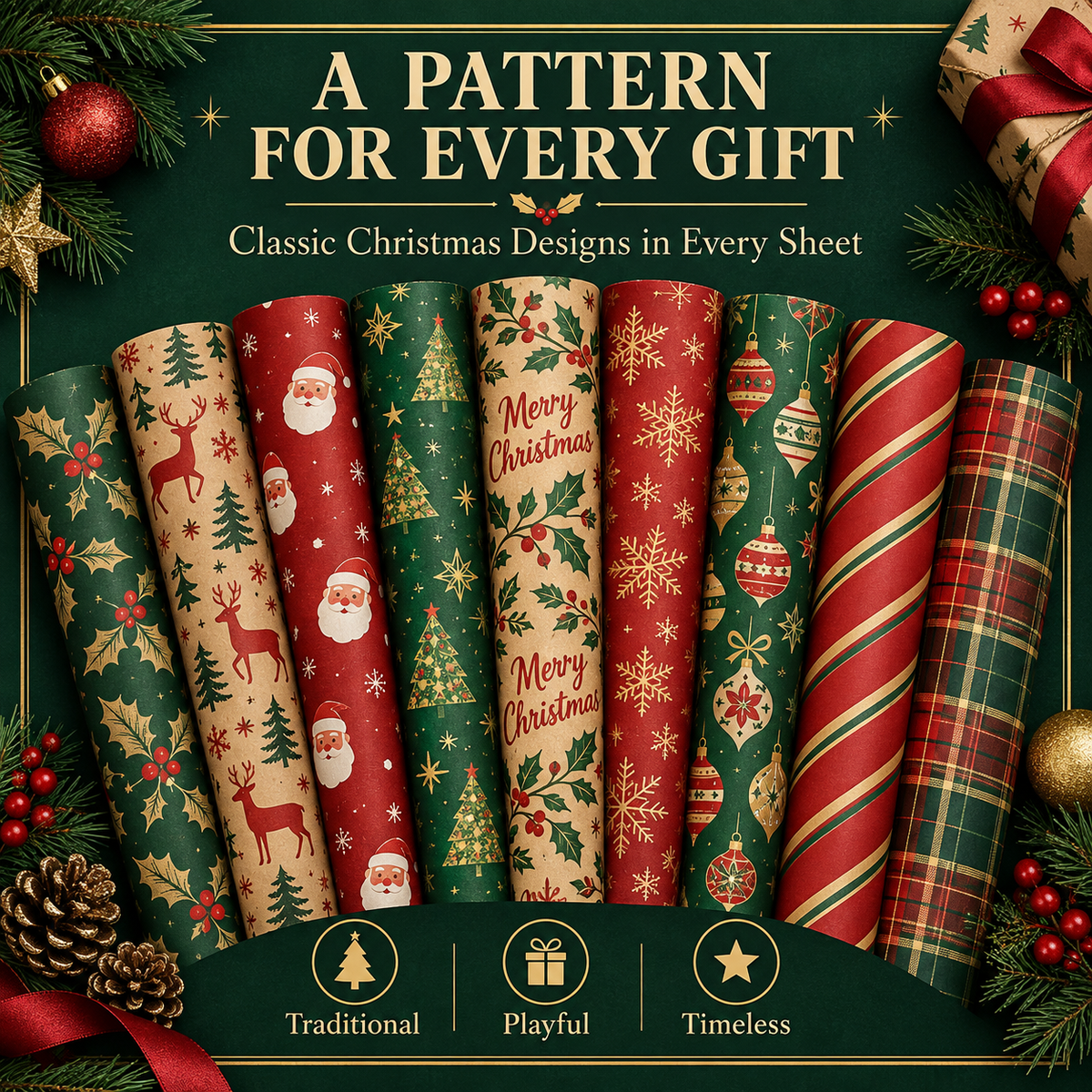 Vintage Christmas Kraft Wrapping Paper – Premium 100 GSM Holiday Gift Wrap