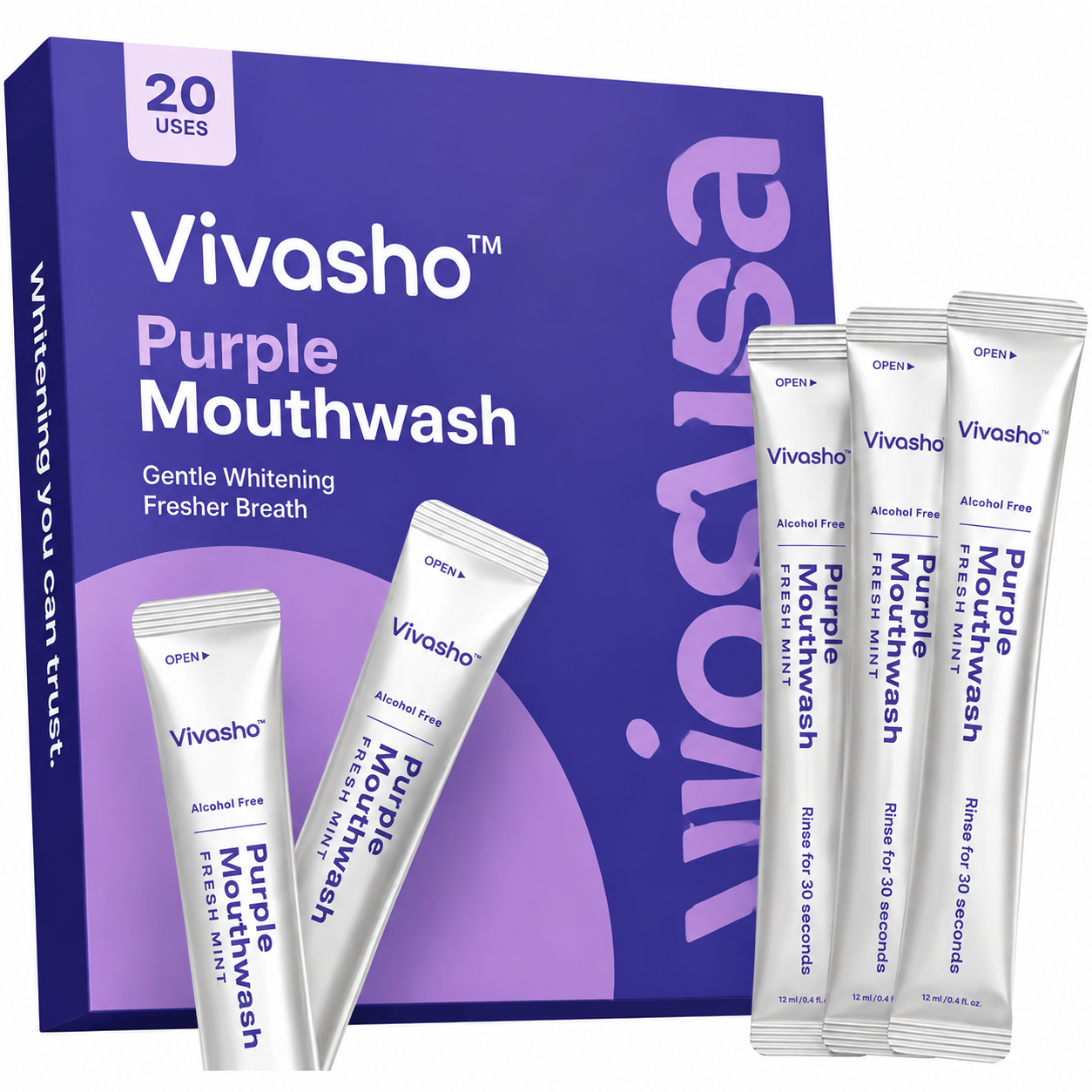 Purple Mouthwash - Sachets 20 Pack - Peroxide-Free - Alcohol Free - Vegan Mint