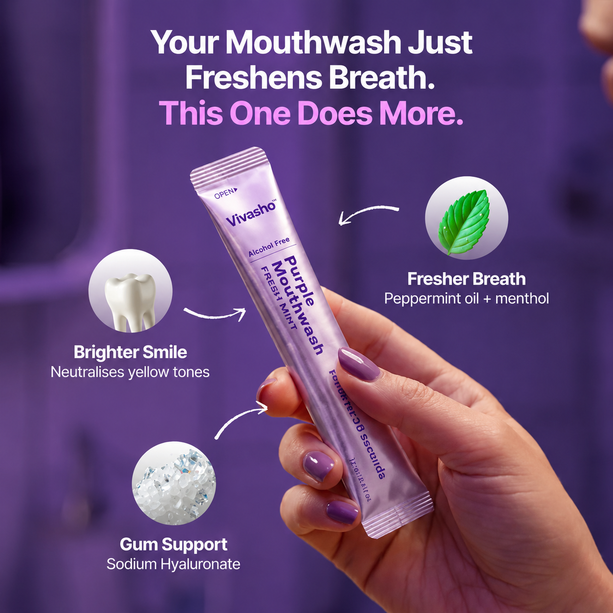 Purple Mouthwash - Sachets 20 Pack - Peroxide-Free - Alcohol Free - Vegan Mint