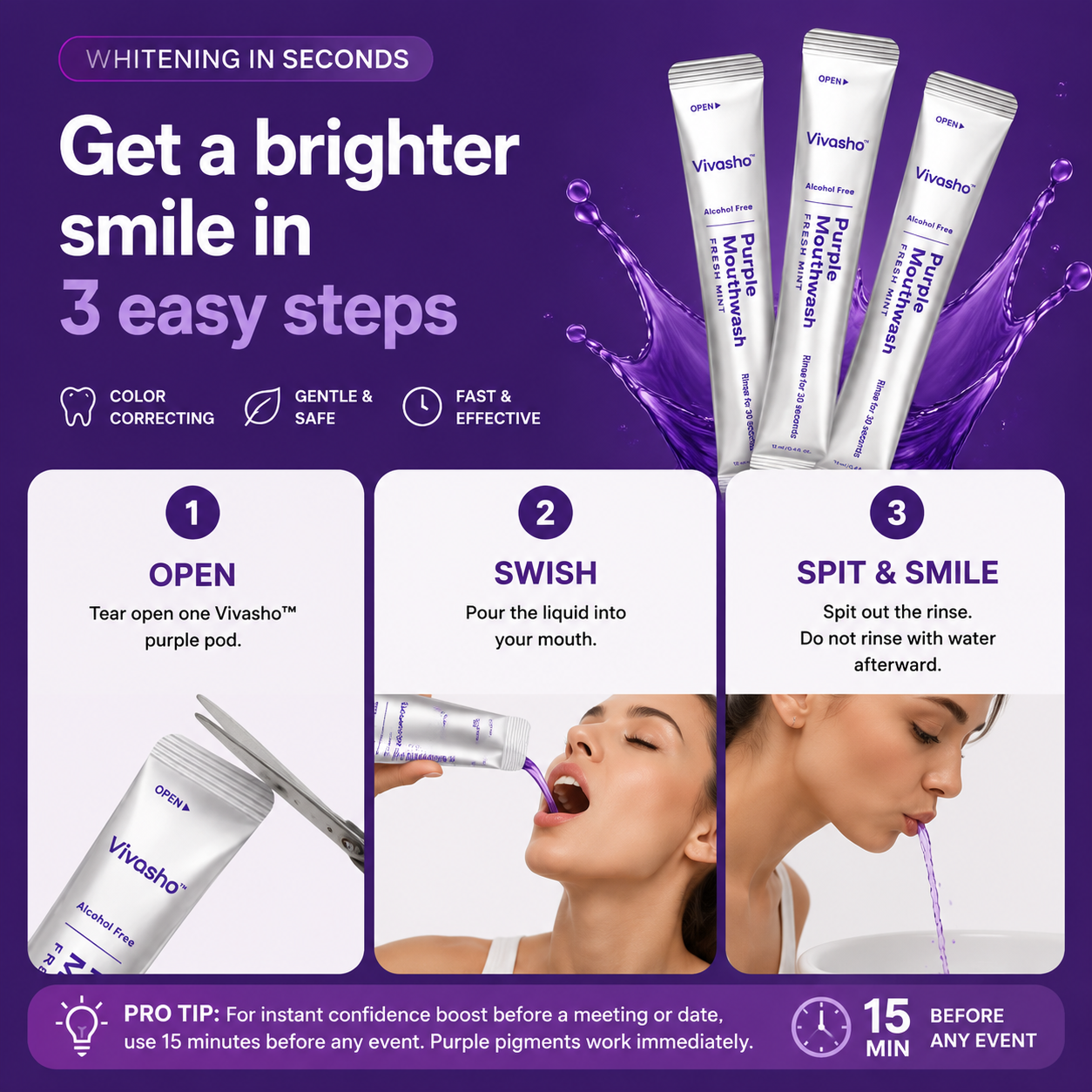 Purple Mouthwash - Sachets 20 Pack - Peroxide-Free - Alcohol Free - Vegan Mint